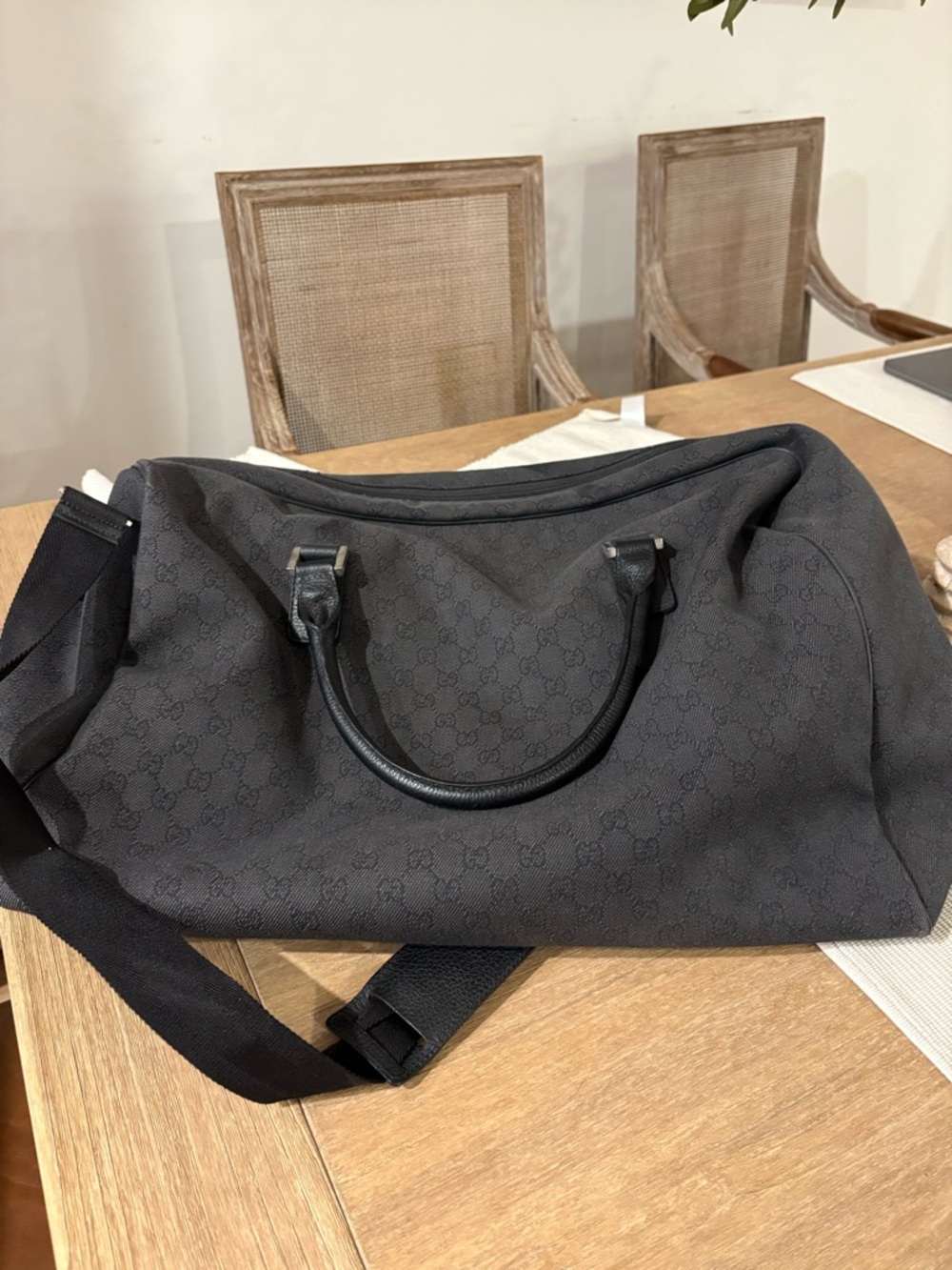 Gucci Black GG Canvas Duffel Bag with Adjustable Strap